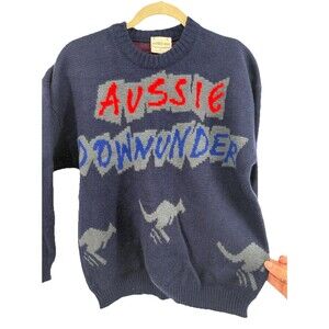 VTG 90s Aussie Roo Australia Kangaroo Blue Knit wool Crewneck Sweater Mens M